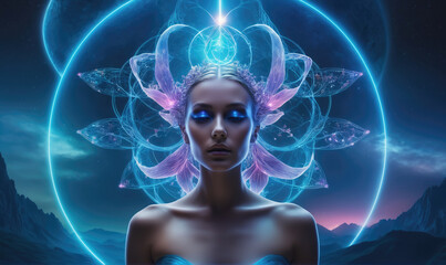 A woman with glowing eyes stands in front of a large glowing blue ring, surrounded by abstract flower-like shapes