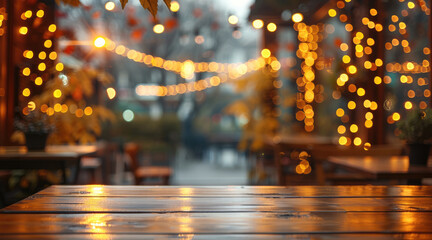 Poster - Background, brown autumn cafe with yellow small lights at the back. Generative AI.