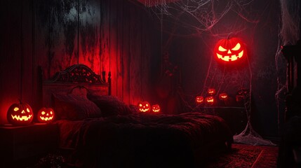 Sticker - Halloween bedroom decorated with cobwebs and illuminated pumpkins