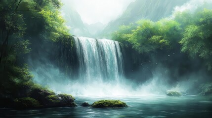 enchanted woodland waterfall vibrant emerald foliage misty cascades over mosscovered stones ethereal mountain silhouettes dreamlike watercolor style with soft edges and luminous highlights