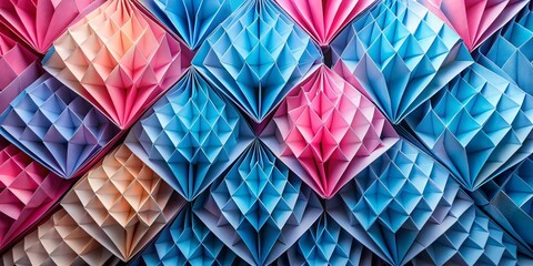 Wall Mural - Geometric Abstract Folded Paper in Pink, Blue, and White, Paper Art, Origami, Texture, Geometric