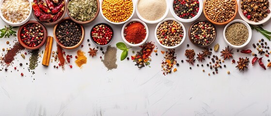 Top view spice items assortment on background with copy space 