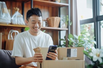 Wall Mural - Smiling young Asian man with smartphone, receiving delivered packages from online purchases at home, can't wait to unbox the purchases. Online shopping, enjoyable customer shopping experience Smiling 