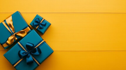 Three blue gift boxes with gold ribbon are elegantly arranged on a yellow wooden background. The boxes are positioned in a diagonal line, creating a sense of anticipation and joy. The yellow wood grai