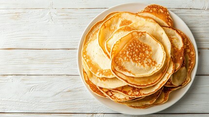 Sticker -   White plate with pancakes on top of white wooden table, beside cup of coffee