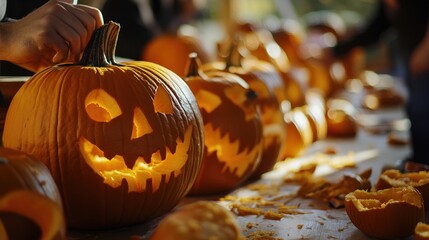 Poster - A festive display of carved pumpkins, showcasing Halloween spirit and creativity.