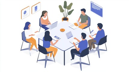 Aufkleber - A team meeting where members are discussing their individual opinions on a project, with visible discussion points and collaborative tools.