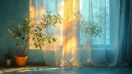 Poster -  A potted plant rests atop a wooden table, near a sheer-curtained window