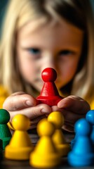 Colorful game pieces take center stage as small hands hold a vibrant red pawn, showcasing the joy of play and strategy in childhood board games.