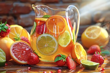 A refreshing pitcher of fruit-infused beverage with vibrant citrus and berries.