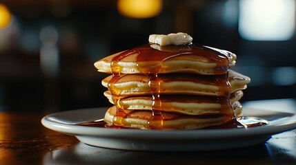 Sticker -   Stack of golden pancakes on a white plate, topped with syrupy goodness