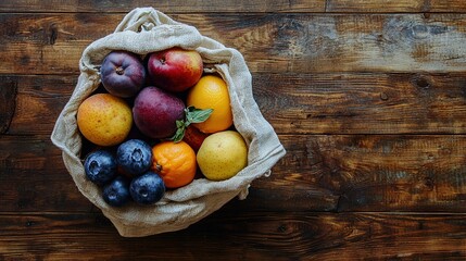 Poster -   A cloth bag brimming with diverse fruits rests on a wooden table alongside blueberries, peaches, apples, and oranges