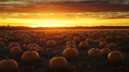 Wall Mural - A pumpkin field at sunset, showcasing the harvest season's beauty and abundance.