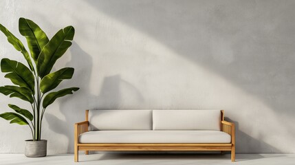 Wall Mural - Sunny Interior Mockup,  Low Sofa, Concrete Wall, copy space for text