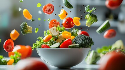 Poster -   A bowl brimming with diverse veggies erupts from its center, scattering tomatoes, broccoli, cucumbers, and peppers around it