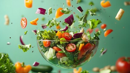 Poster -   A green table holds a bowl brimming with assorted veggies and a nearby stack of chopped produce