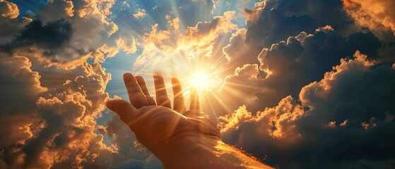 hand reaching out to faith, the sky with the sun behind