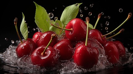 Canvas Print - cherries splashing into a black background.