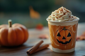 Sticker - A festive cup of whipped cream topped drink beside a pumpkin and cinnamon sticks.