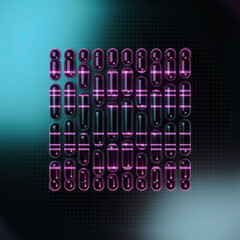 Wall Mural - Digital illustration of a group of dark glossy capsules with pink shiny stripes arranged in a square. 3d rendering