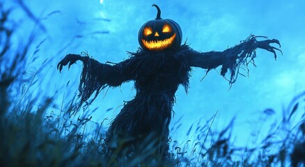 A creepy scarecrow with a glowing pumpkin head standing in the moonlight in a creepy cemetery