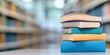 © ABDULHAMID - stack of colorful books on table with blurred book shelves in library background