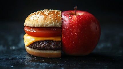 Wall Mural - A cheeseburger and an apple, representing healthy and unhealthy food choices.