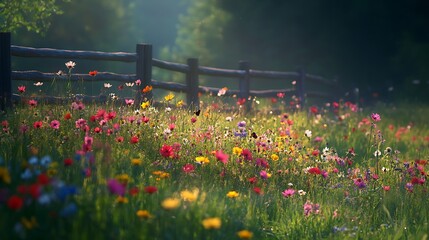 Wall Mural - A vibrant meadow filled with wildflowers and butterflies, with a rustic wooden fence in the background