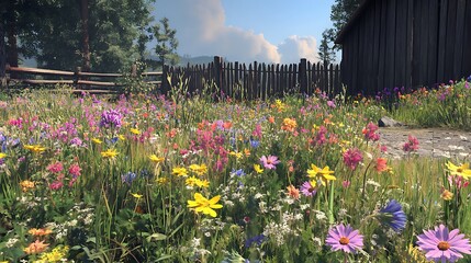 Wall Mural - A vibrant meadow filled with wildflowers and butterflies, with a rustic wooden fence in the background