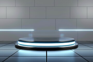 Wall Mural - 3D abstract futuristic background with a pedestal 3D abstract futuristic background with a black pedestal with a white led light for displaying products on shiny tiled floor. 3D rendered image.