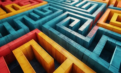 A maze made of wood with a red, yellow, and blue color scheme