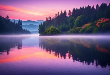 Wall Mural - tranquil lake reflecting vibrant sunrise colors serene atmosphere natural beauty, reflection, nature, water, morning, light, landscape, sky, clouds, trees