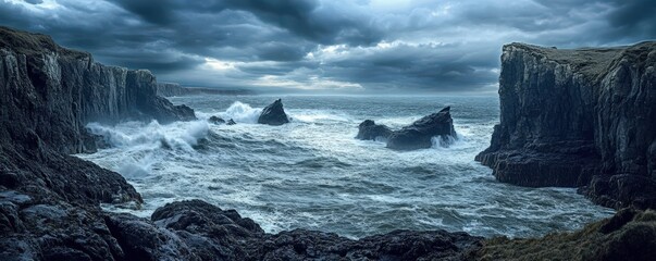 A dramatic seascape featuring turbulent waves crashing against rugged cliffs under a moody sky.