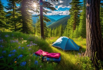 vibrant camping setup featuring bright gear surrounded lush green nature scenic views, outdoor, tent, backpack, trees, grass, sky, sunlight, colors