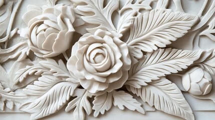 Canvas Print - Intricate white floral carving featuring roses and leaves displayed prominently on a wall panel in an elegant setting