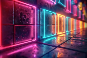 Wall Mural - Neon lights in different colors on a wet, tiled wall.