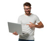 © NASSRI - Smiling man holding and pointing at laptop on transparent background, professional young businessman or student work with PC computer for leadership or digital marketing entrepreneur success ad banner