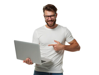 Smiling man holding and pointing at laptop on transparent background, professional young businessman or student work with PC computer for leadership or digital marketing entrepreneur success ad banner