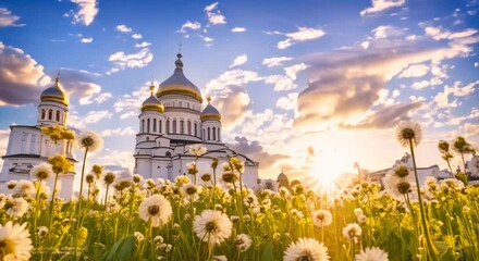 Canvas Print - Camera movement among dandelions and Cathedral sunset time hyperlapse time lapse 4k animation