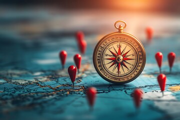 Wall Mural - a vintage compass surrounded by red pins on an overlaid map, blending with a softly blurred blue wor