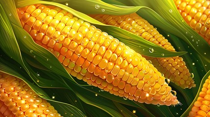 Wall Mural - Close-up of ripe corn on the cob surrounded by green leaves with dew.