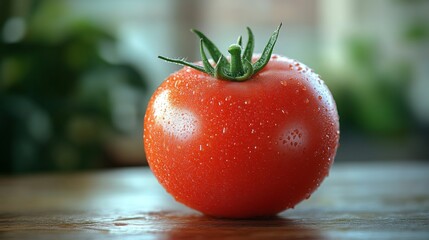 Fresh tomato with water droplets on wooden surface, organic food concept