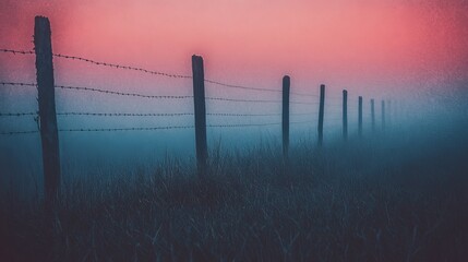 Wall Mural - A serene landscape featuring a foggy fence line at dawn, creating a tranquil atmosphere.