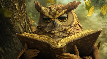 Wise owl wearing robe reading a magic book in a mystical forest