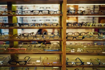 glasses in an optician's shop sorted in a row on the shelf glasses in an optician's shop sorted in a