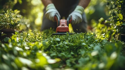 gardener trimming green plants with a red electric trimmer.