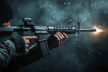 Close-up of a man shooting a rifle in a dark background