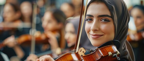 Hijab woman violinist playing in strings section at music concert, close up, beauty