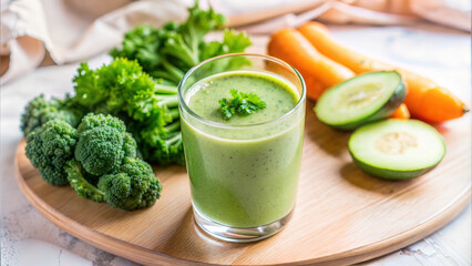 Green vegetable smoothie with cilantro on wooden tray surrounded by fresh veggies and copy space