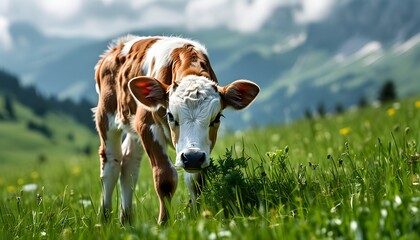 Wall Mural - Grazing calf in a lush green meadow surrounded by majestic mountains